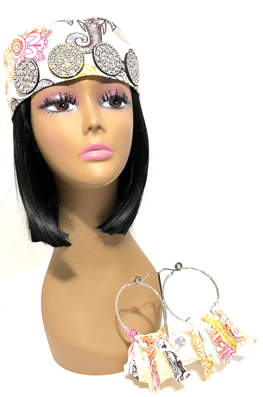 Royalty wrap ivory head scarf & earrings